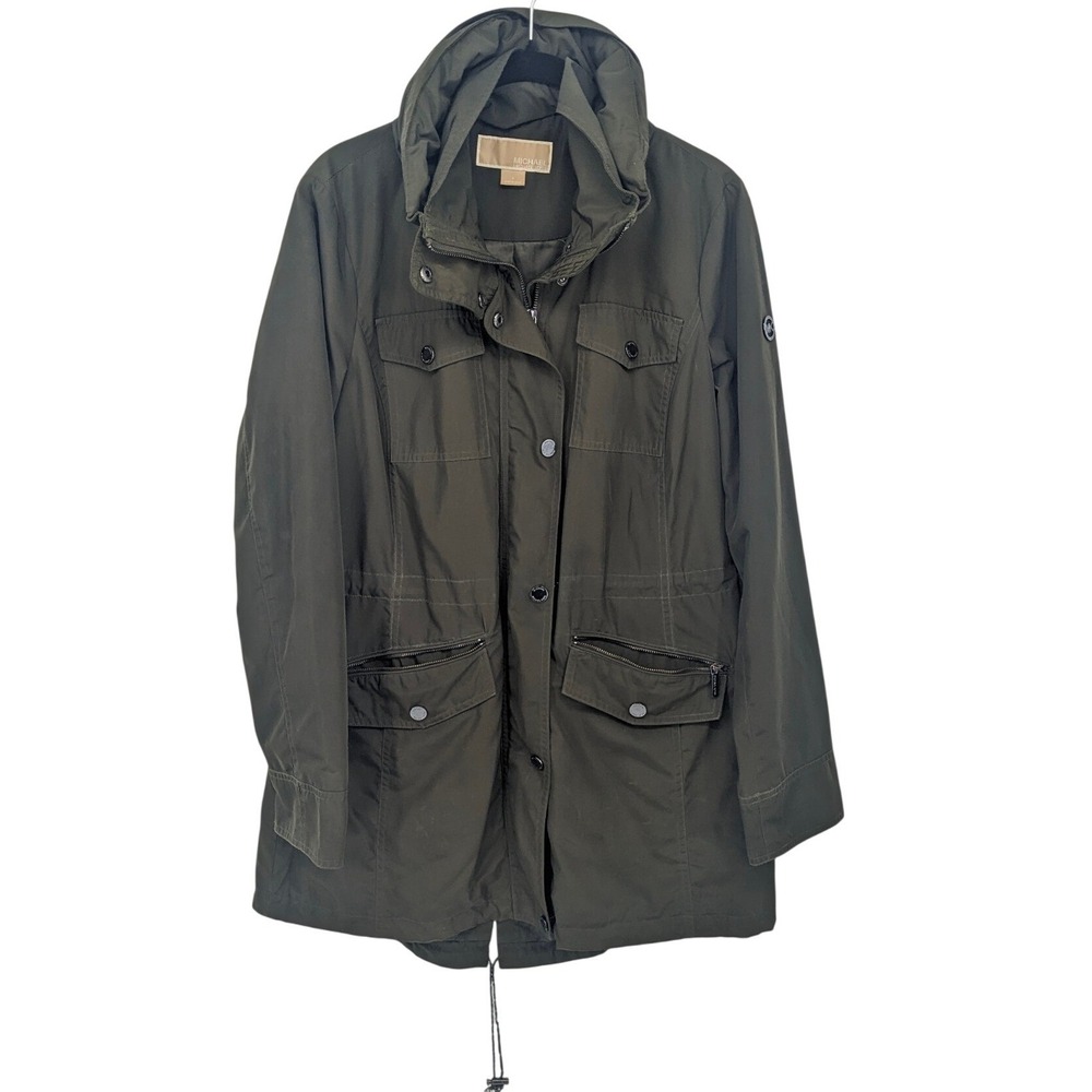 Michael Kors Anorak Jacket Womens Small Olive Green‎ Hidden Hood Utility Coat